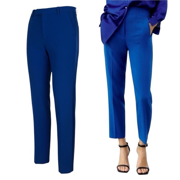 ZARA Trousers Dress Pants Size XS Royal Blue Satin Tuxedo Side Stripe High Rise - Picture 1 of 11